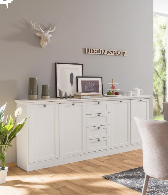 Madia, credenza con 4 ante e 4 cassetti finitura bianca opaca