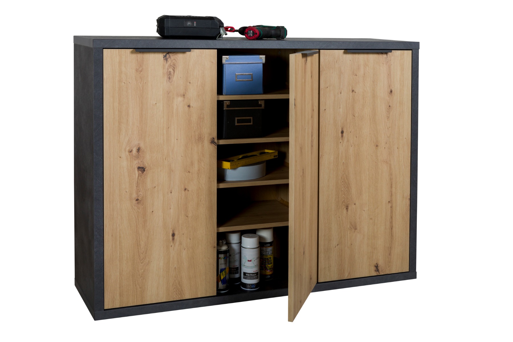 Madia multiuso con 4 ripiani interni, finitura Rovere chiaro e Grigio smoke 