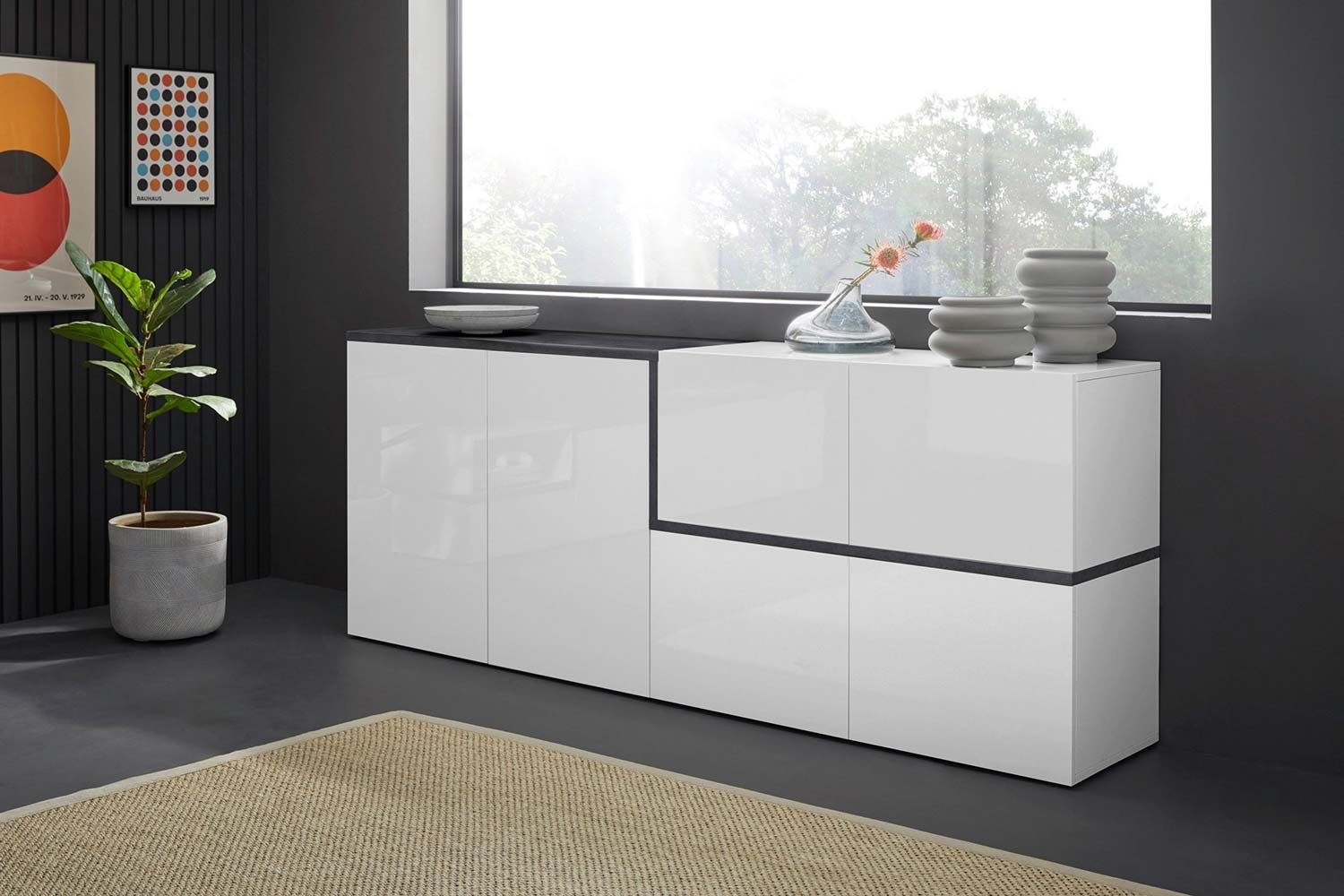 Madia moderna con 4 ante in finitura Bianco lucido e Ardesia L.210