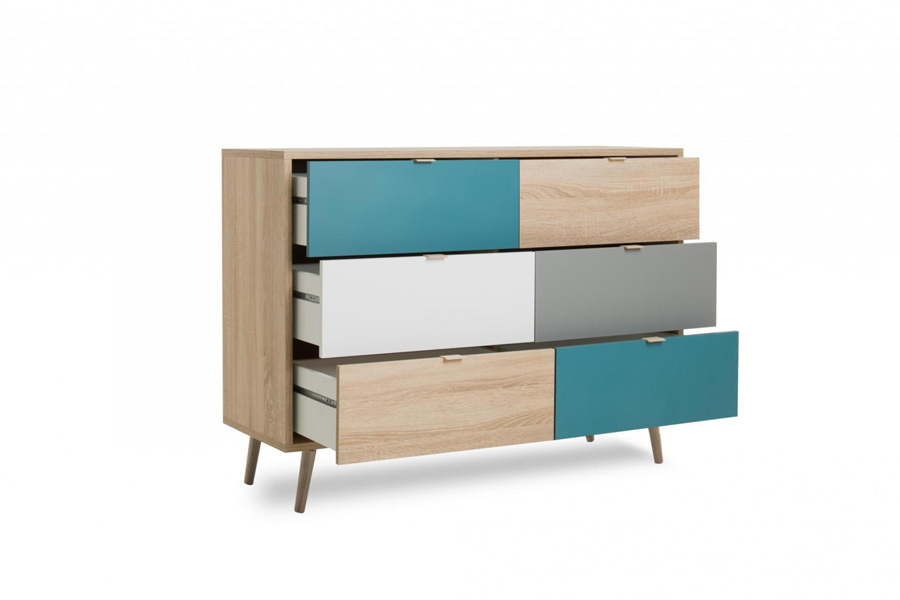 Madia Lavik con gambe in legno, 6 cassetti, finitura Quercia, Bianca, Petrolio e Grigia Zenzero Shop