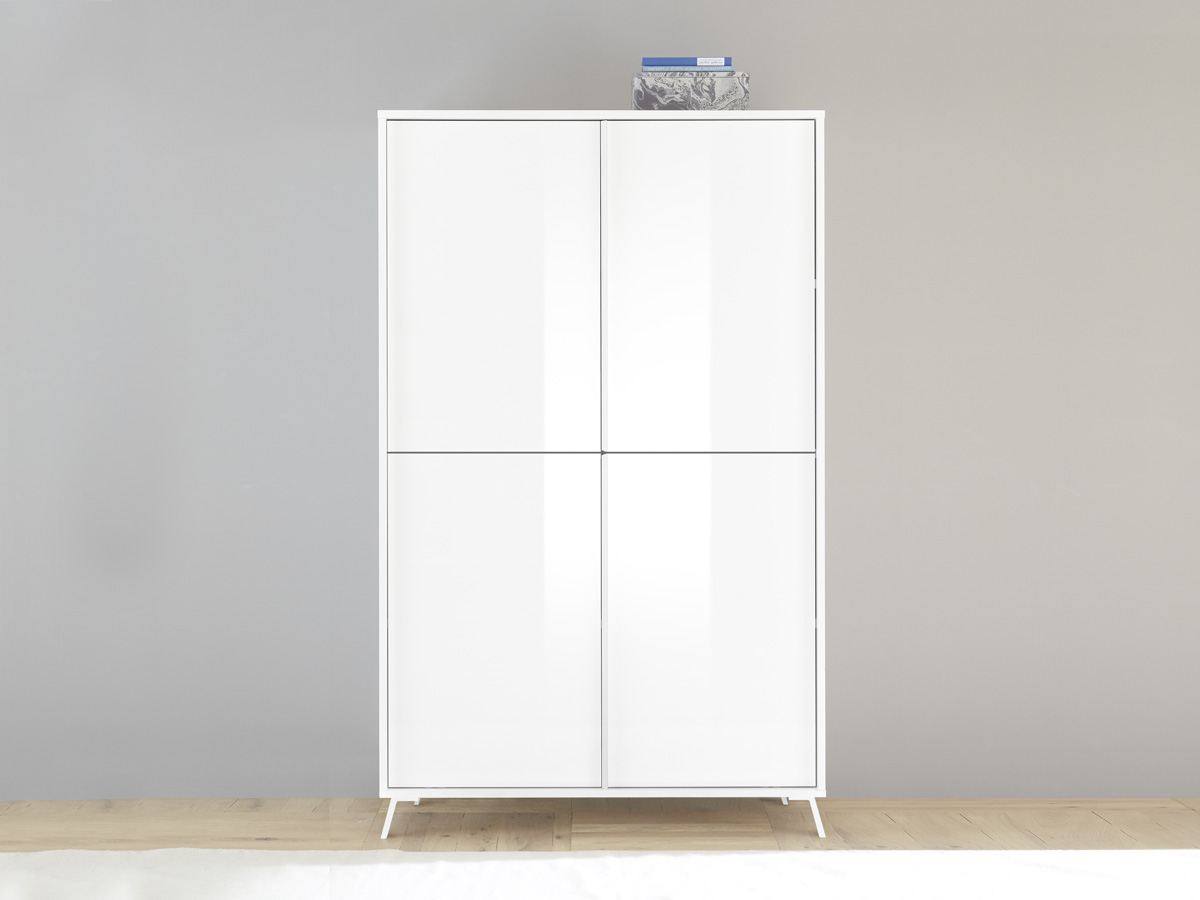 Soggiorno moderno, Sala da pranzo, bianca laccata lucida, completa di 2 madie e tavolo