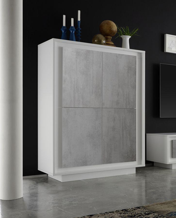 Credenza Moderna, Madia di Design, 4 ante Alta, Bianco opaco con frontali Beton