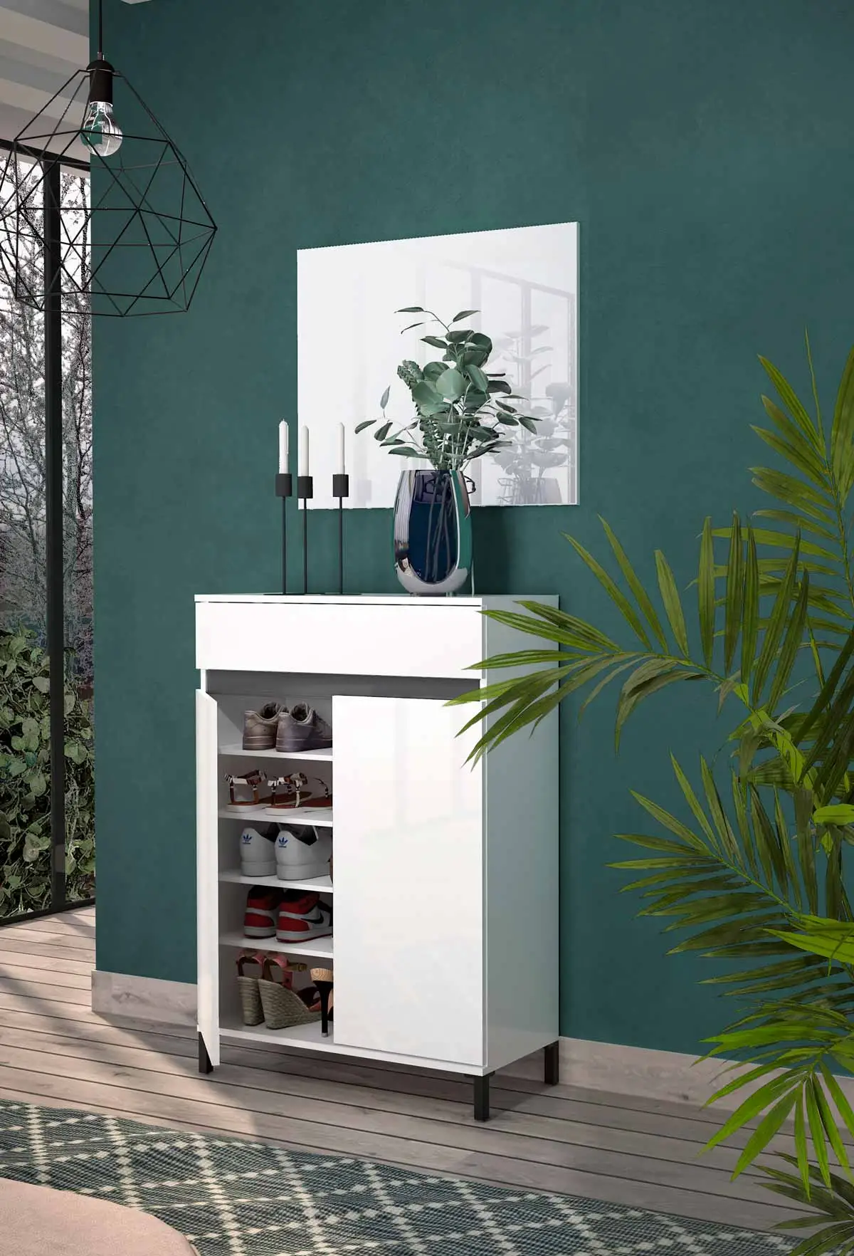 Scarpiera 2 ante e 1 cassetto, Bianco lucido 