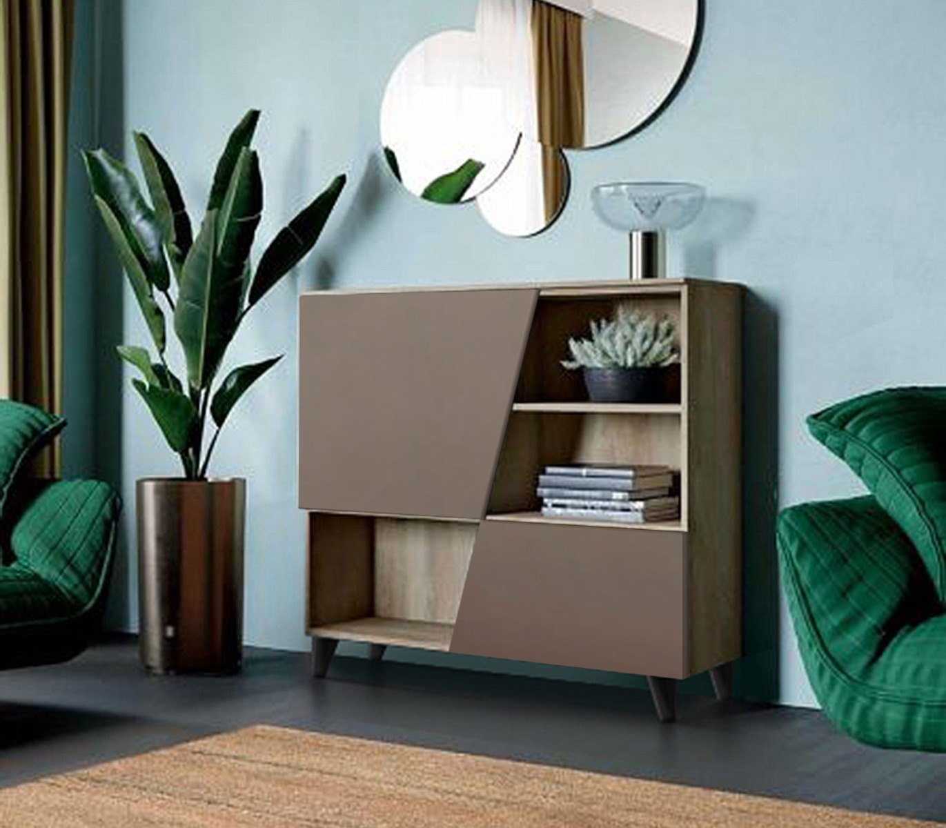 Madia moderna con 2 ante, 1 vano e un ripiano in finitura Bronzo e Quercia