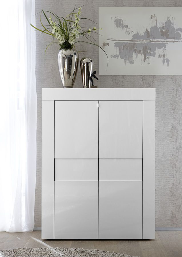 Madia  Credenza Moderna, Madia di Design, 2 ante Alta, Bianco Lucido
