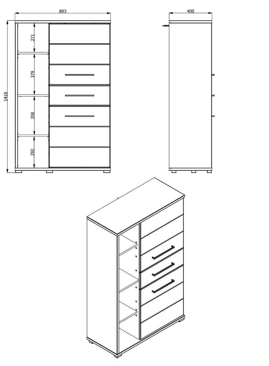 Madia alta 2 ante 1 cassetto, finitura Rovere e Grafite