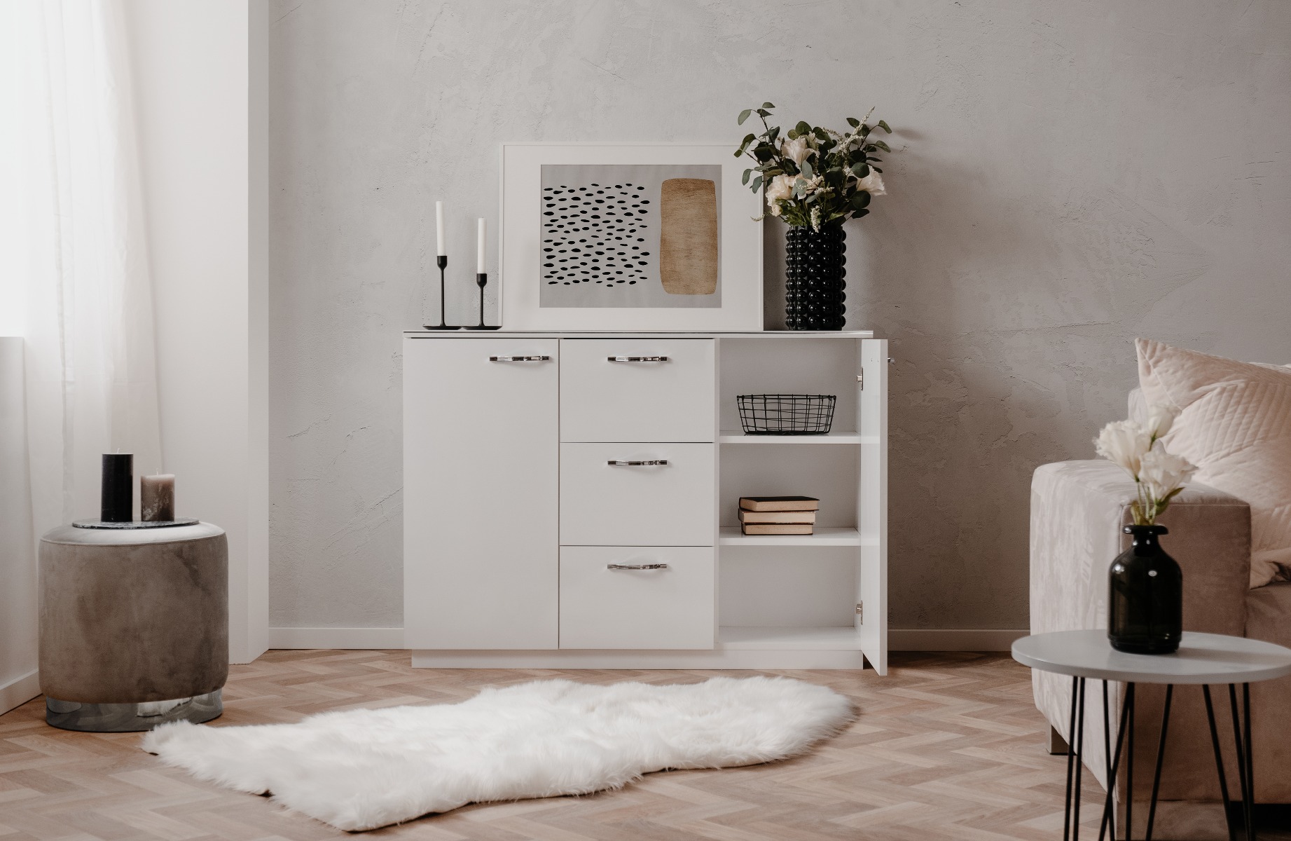 Madia multiuso 2 ante 3 cassetti in finitura Bianco lucido