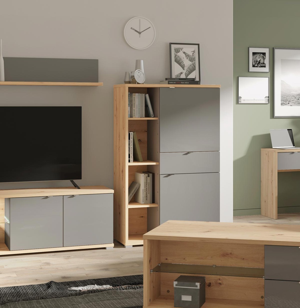 Madia alta con ante vetro, finitura Rovere e Grafite