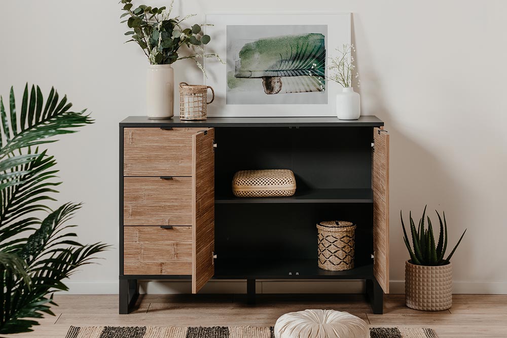 Madia nordica, finitura Antracite e Bamboo con due ante e tre cassetti