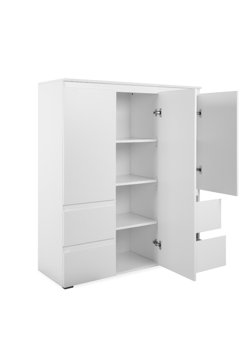 Madia alta composta da 3 ante e 4 cassetti, Bianca opaca