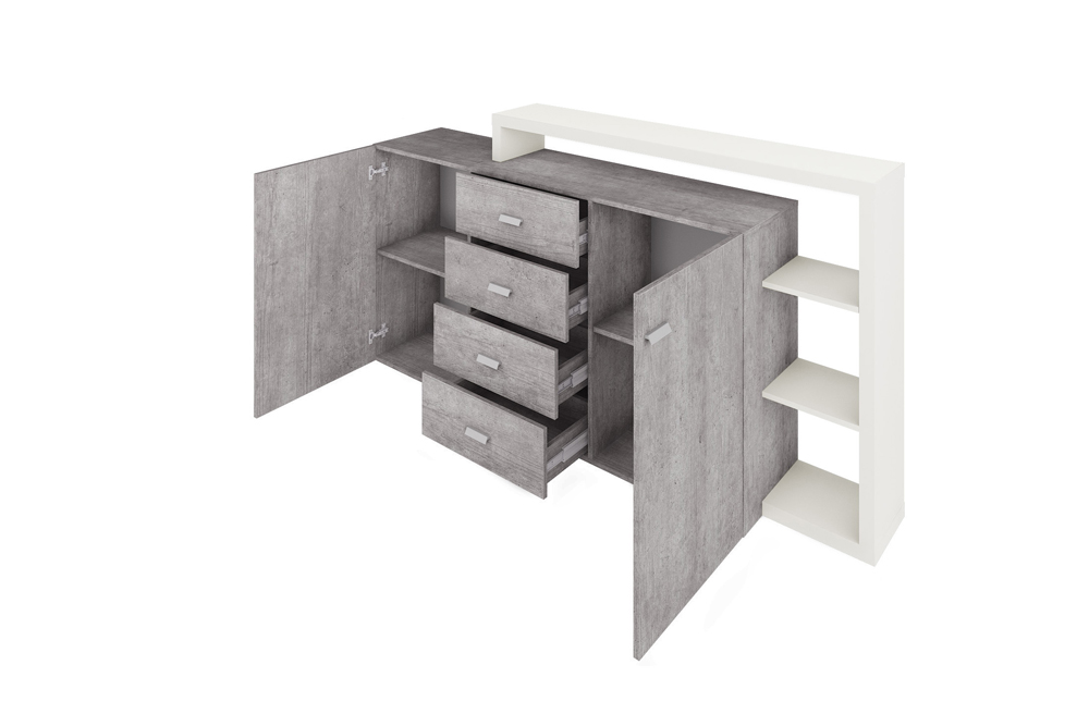 Credenza L.180 cm 2 ante e 4 cassetti, finitura bianco opaco e grigio cemento 