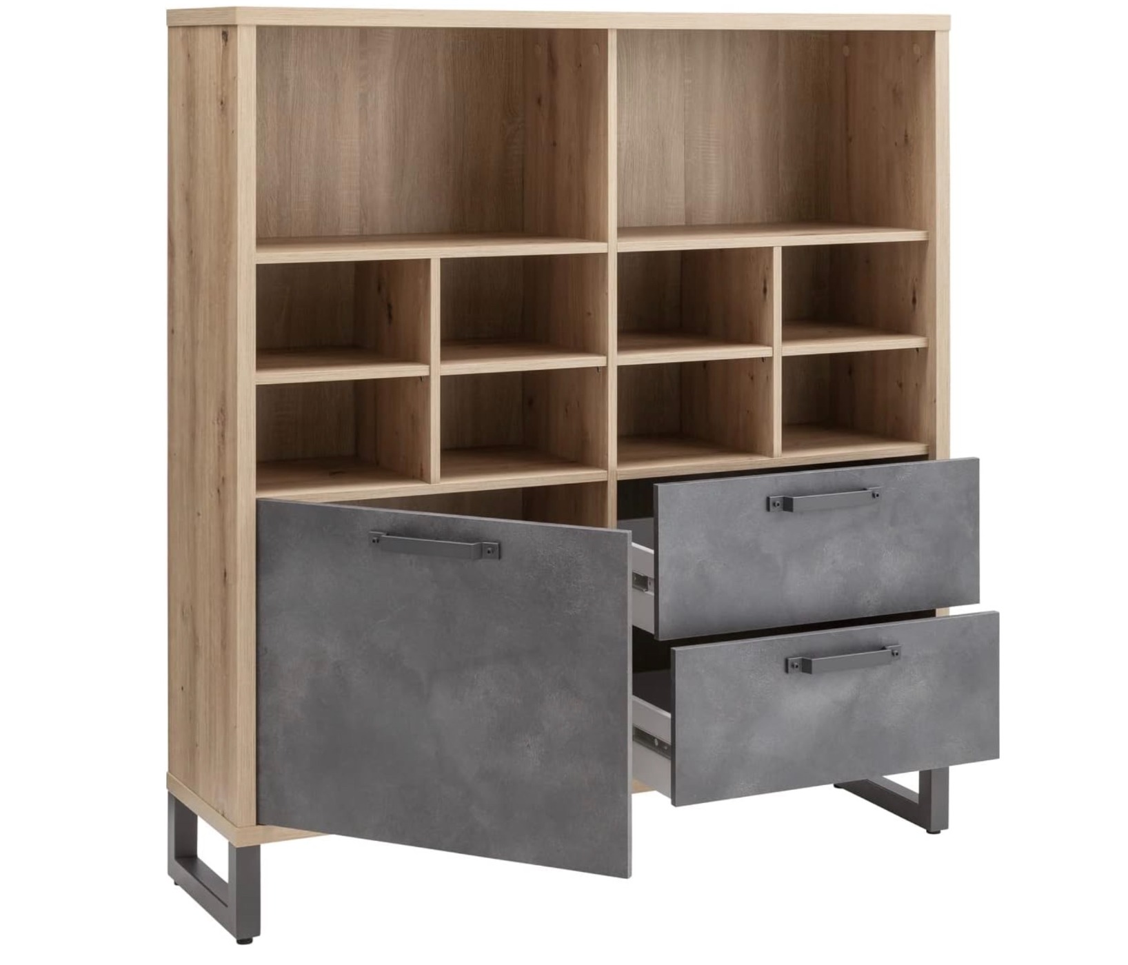 Libreria Industry per ufficio con 2 cassetti e un'anta in finitura Rovere e Grigio smoke