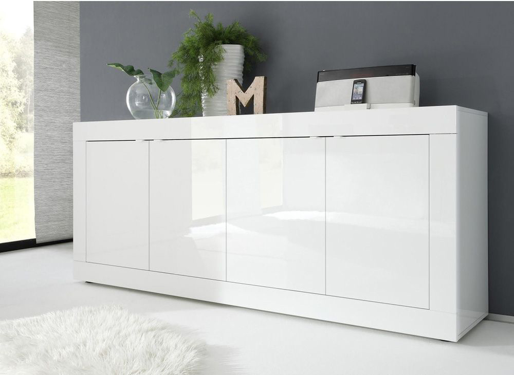 Credenza Moderna, Madia di Design, 4 ante, Bianco Lucido