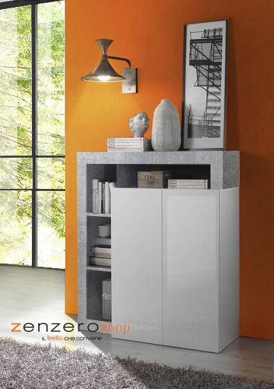 Madia alta di design con 2 ante in finitura bianco laccato lucido e Cemento