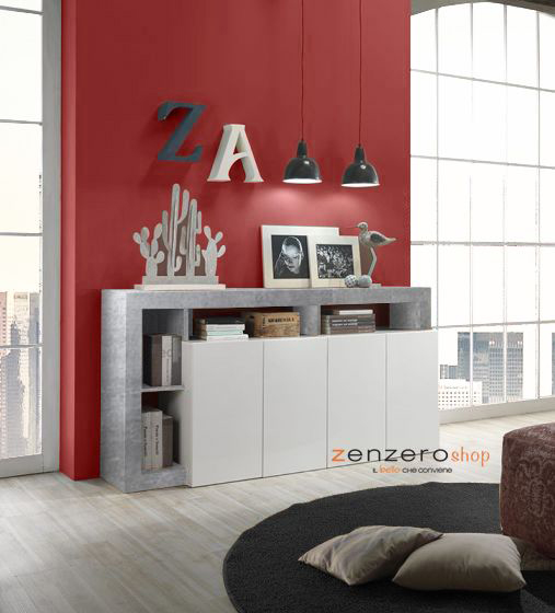 Credenza Madia a 4 ante con un ripiano in finitura bianco laccato lucido e Cemento
