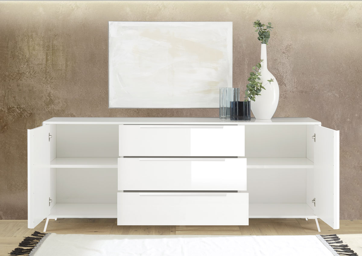 Madia moderna 2 ante 3 cassetti in finitura Bianco Laccato Lucido