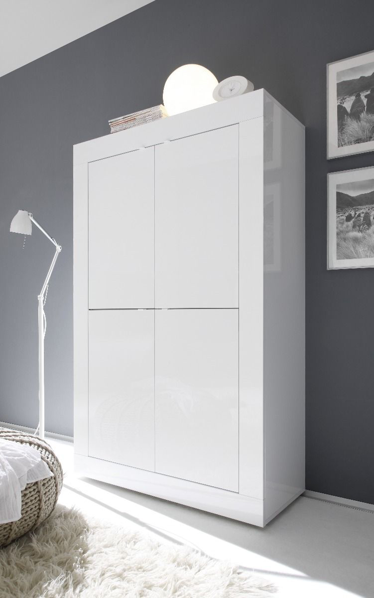 Credenza Moderna, Madia di Design, 4 ante Alta, finitura Bianco Lucido