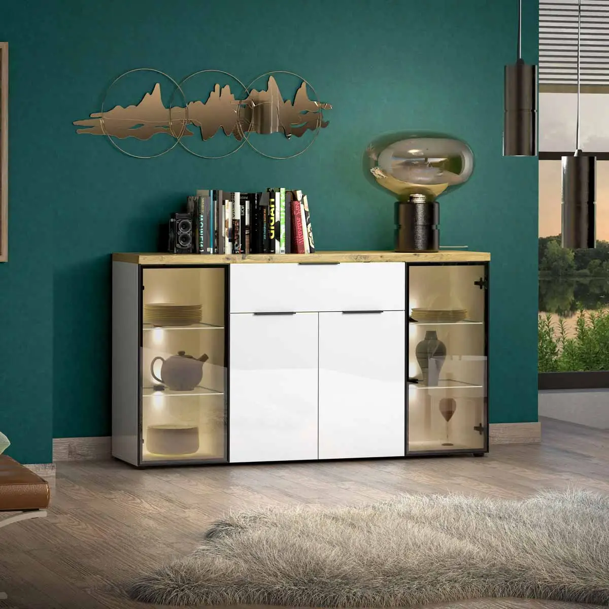 Madia moderna, colore Bianco lucido e Rovere chiaro