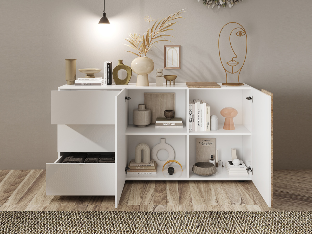 Soggiorno moderno, 2 madie e porta tv, Kadiz e Bianco Lucido