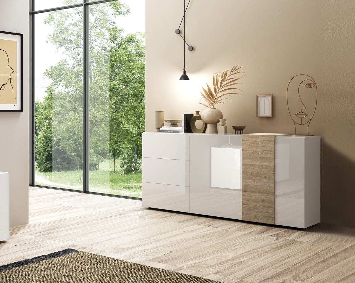 Madia moderna 2 ante 3 cassetti in Kadiz e Bianco Lucido