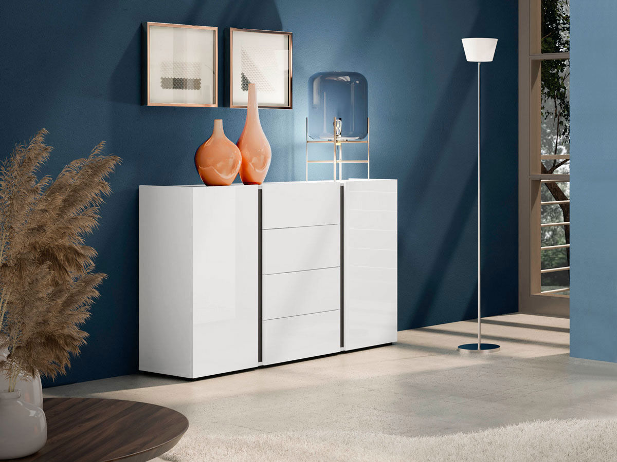 Madia Bianca lucida con 2 ante e 4 cassetti