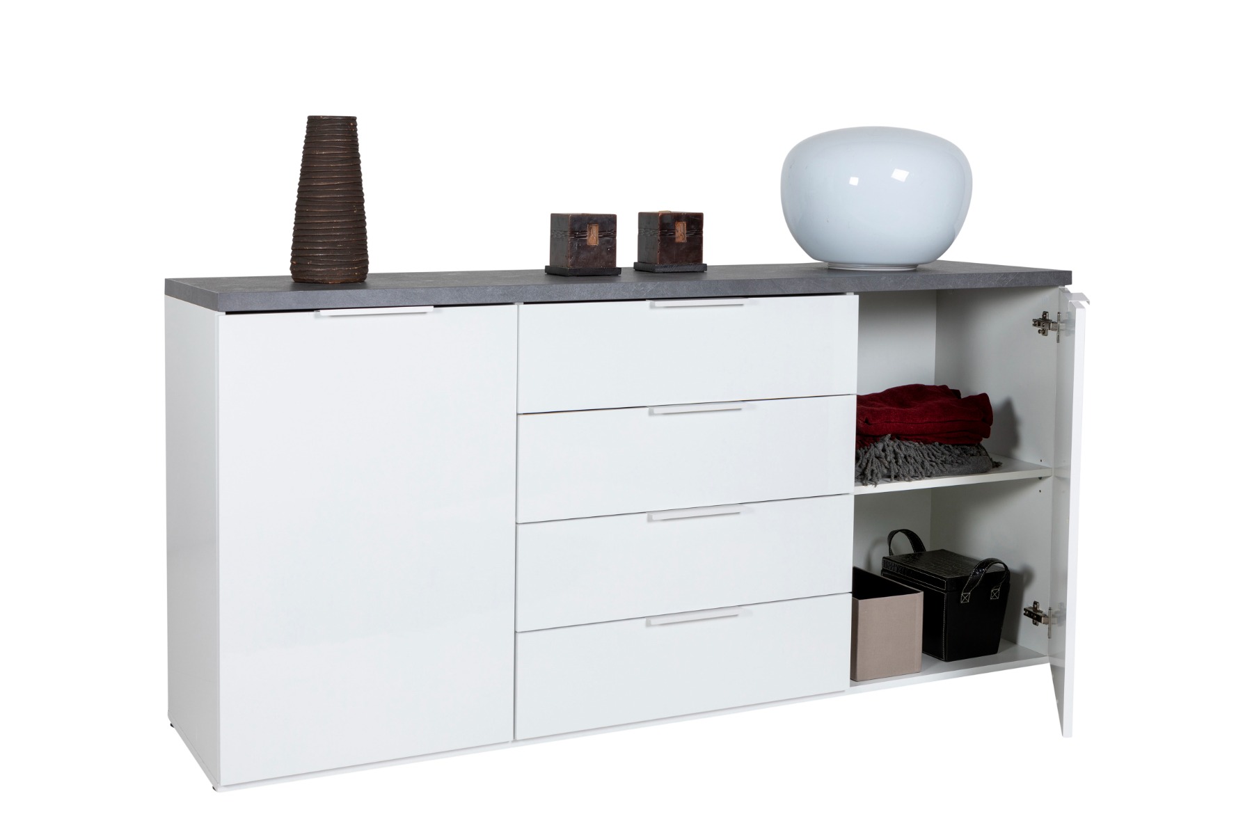 Madia 2 ante e 4 cassetti, finitura Bianco Lucido e Grigio