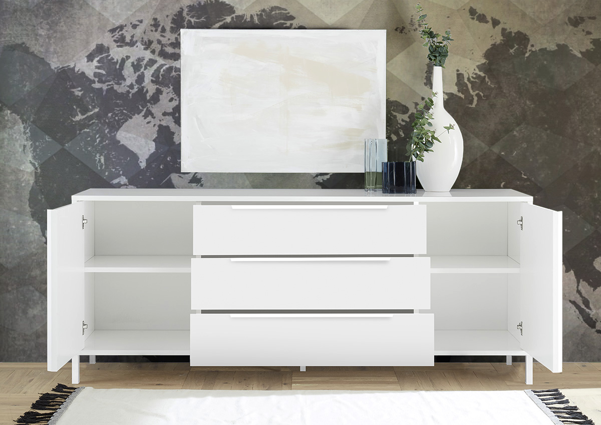 Madia 2 ante 3 cassetti, stile moderno, finitura bianco lucido
