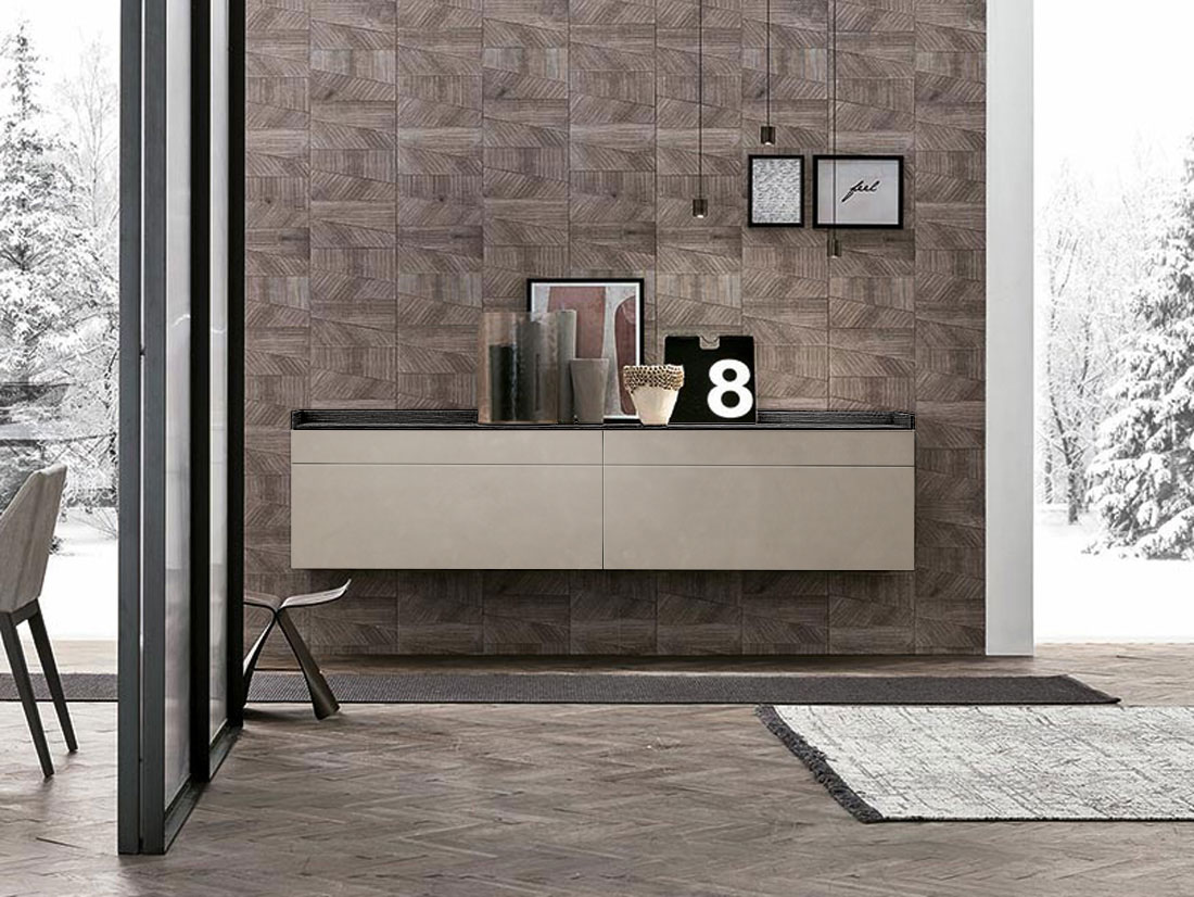 Madia sospesa 2 cestoni e 2 cassetti, finitura materico Cemento cava e Rovere carbone