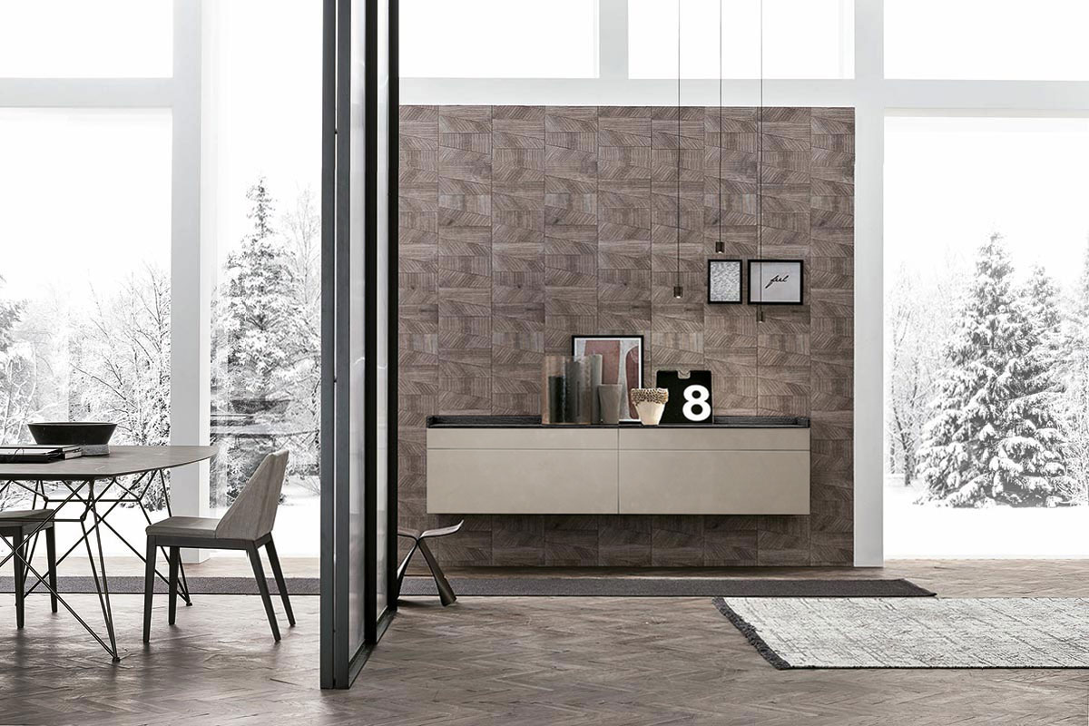 Madia sospesa 2 cestoni e 2 cassetti, finitura materico Cemento cava e Rovere carbone