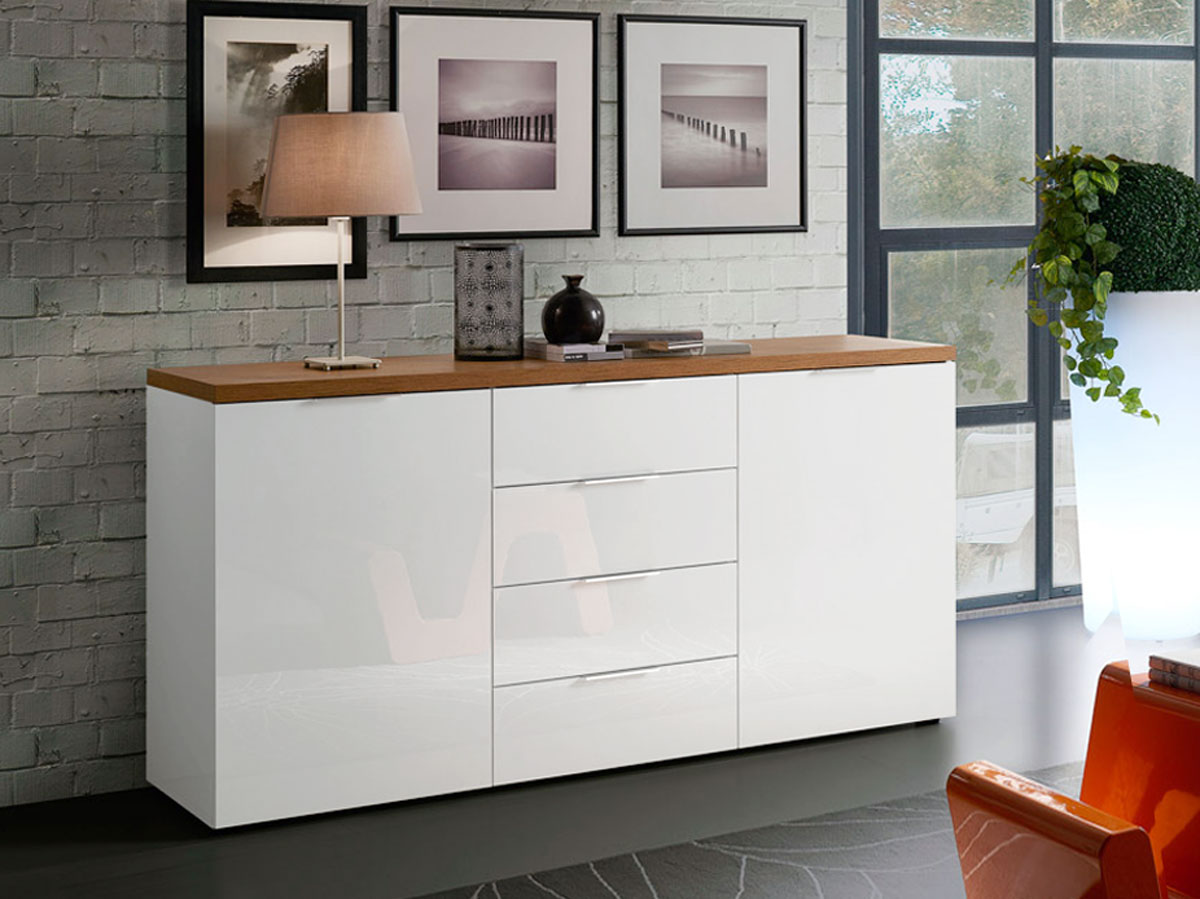 Capiente Madia 2 ante e 4 cassetti finitura Bianco lucido e Castagno, Made in Italy