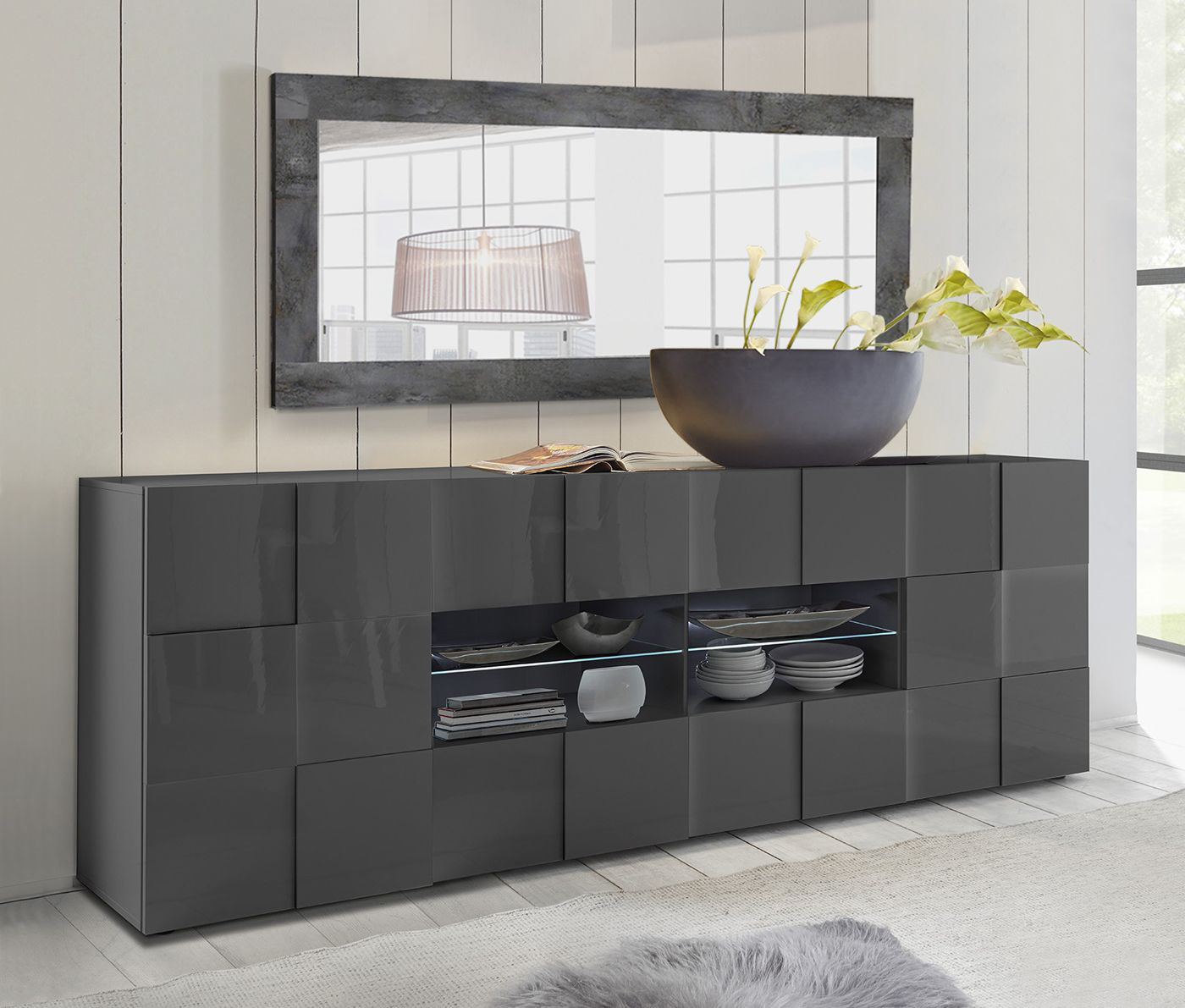 Credenza Moderna, Madia di Design, 2 ante e 4 cassetti, Grigio Lucido