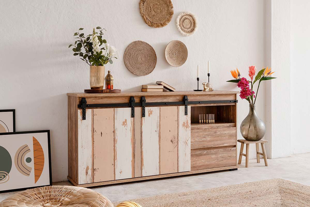 Madia bassa moderna Tromso con 2 ante e 2 cassetti in finitura Bianco anticato Rovere anticato