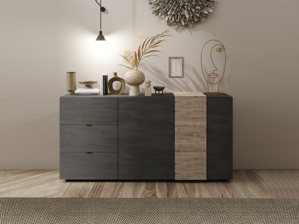 Soggiorno moderno composto da madia e porta tv, titanio