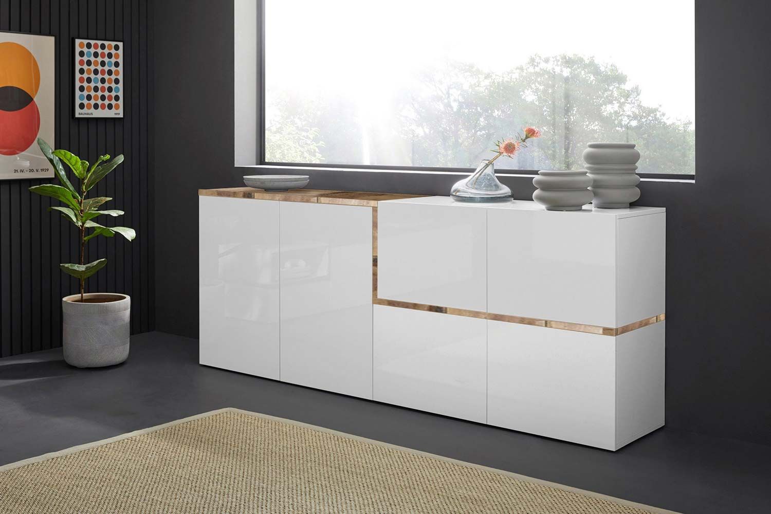 Madia moderna con 4 ante in finitura Bianco lucido e Pero L.210