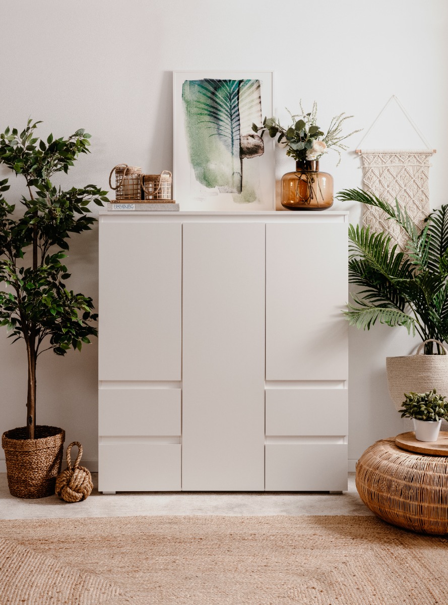 Madia alta composta da 3 ante e 4 cassetti, Bianca opaca