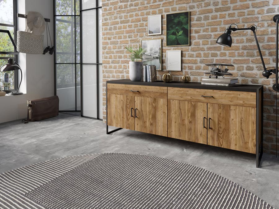 Credenza 4 ante 2 cassetti legno invecchiato e metallo nero 