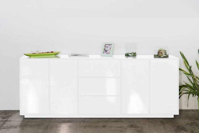 Salotto minimal di design finitura bianco laccato lucido, Made in Italy