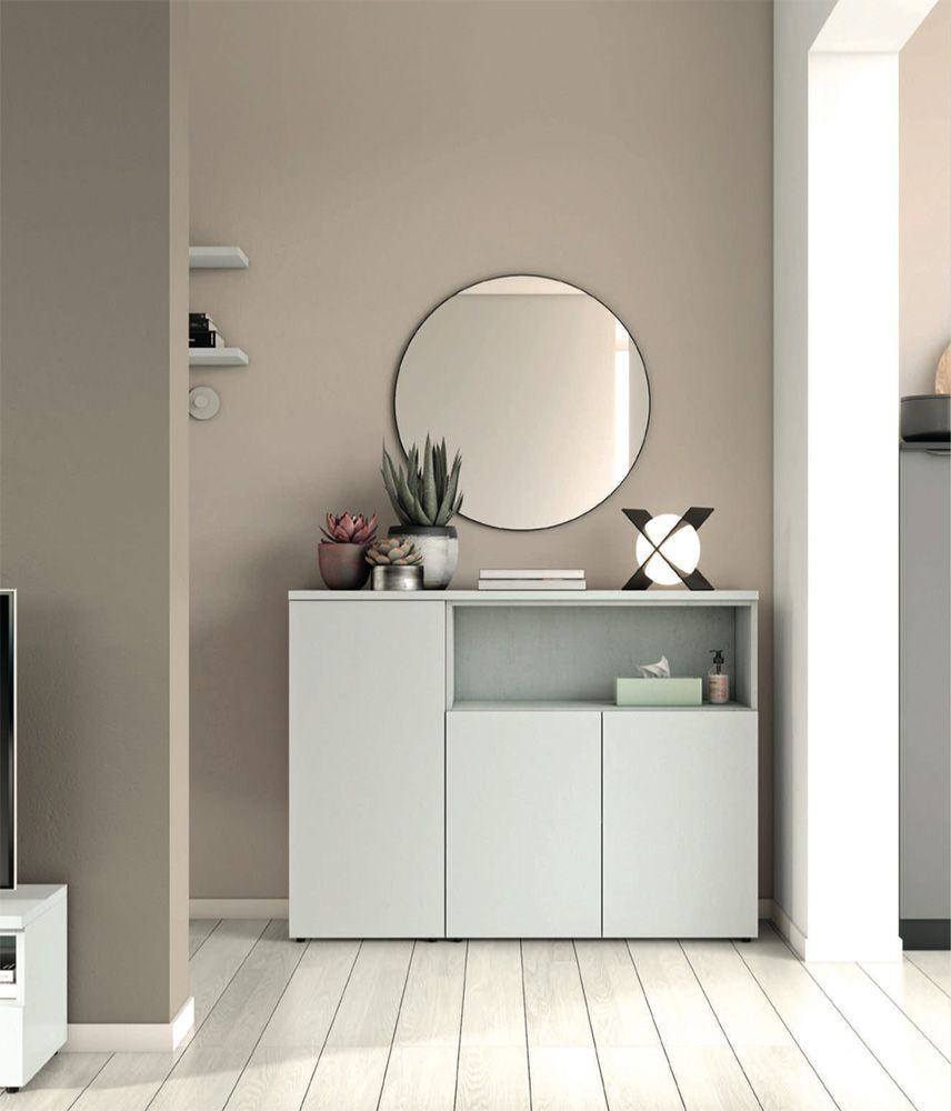 Madia moderna con 3 ante e un vano a giorno in finitura Cemento artico 