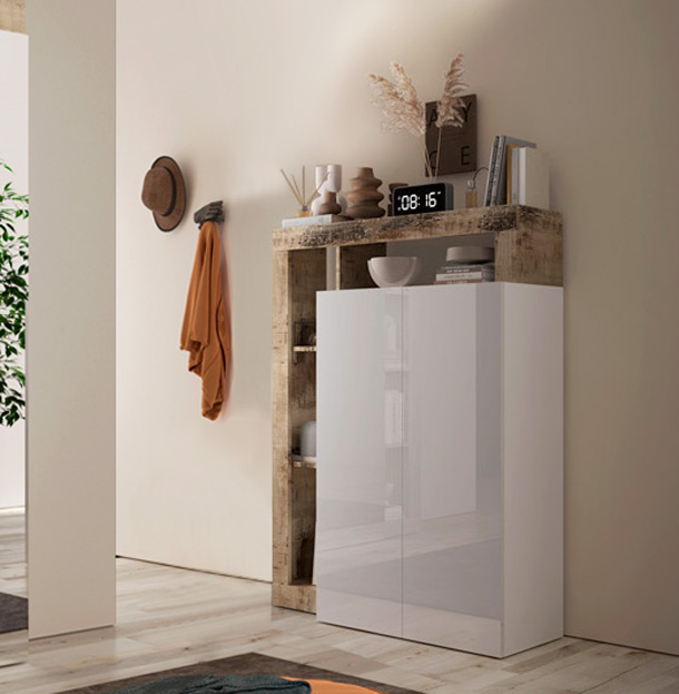 Madia alta moderna 2 ante battenti finitura Bianco lucido e Pero