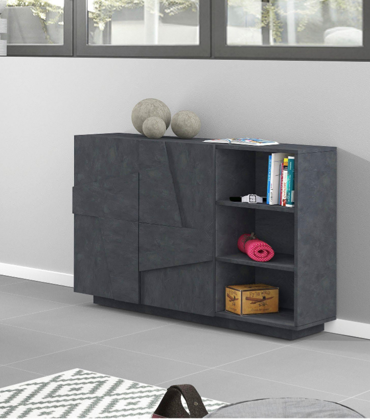 Madia con 2 ripiani e 2 ante con disegni geometrici in finitura Ardesia