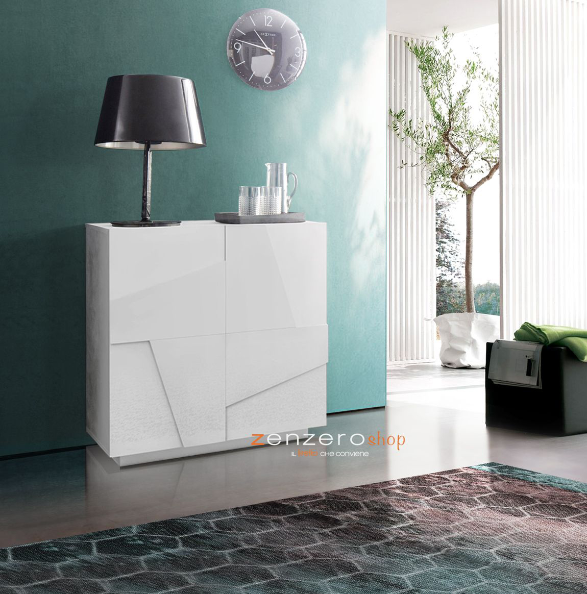 Madia a 2 ante con disegni geometrici in finitura Bianco lucido