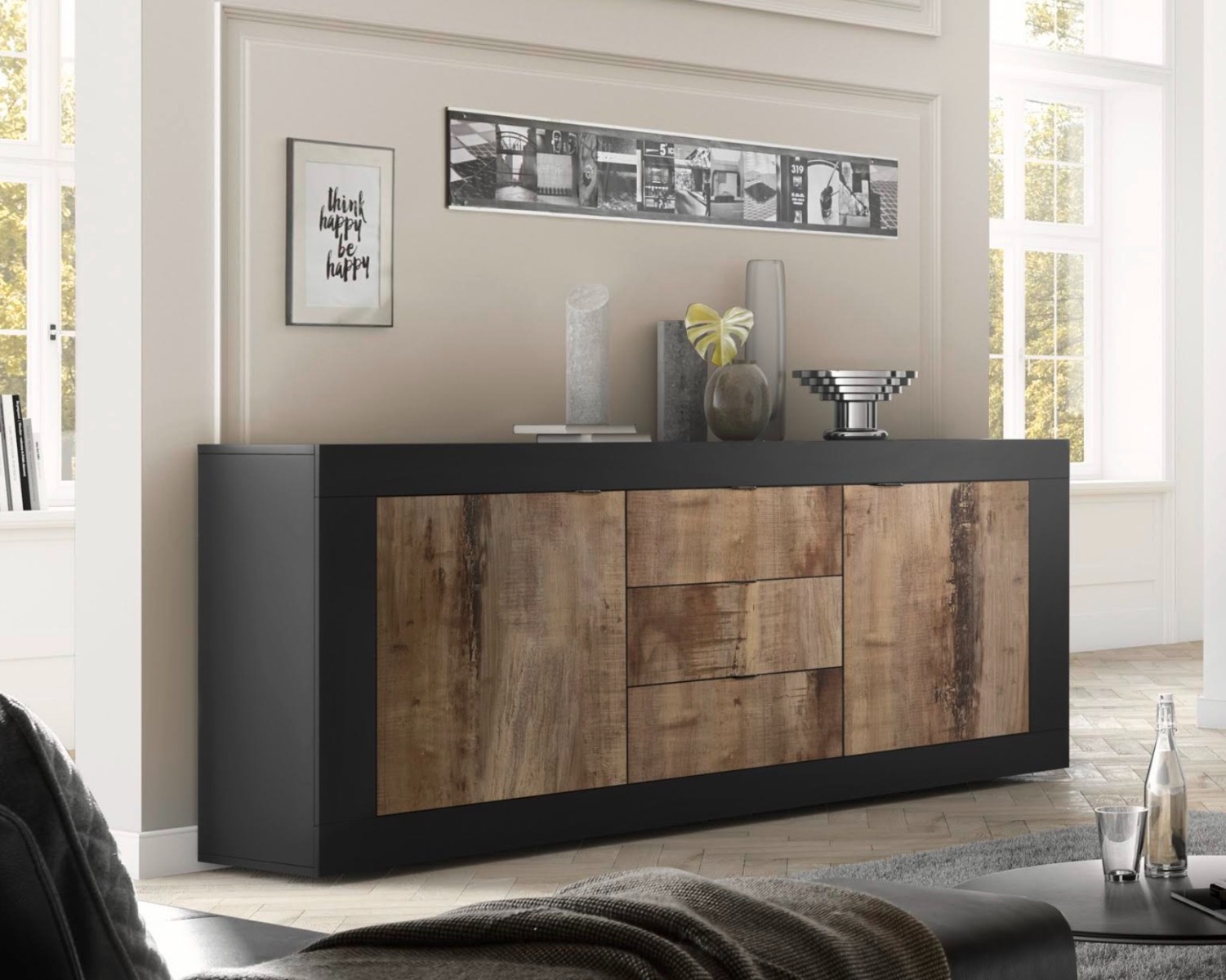 Madia nera e pero moderna , 2 ante e 3 cassetti