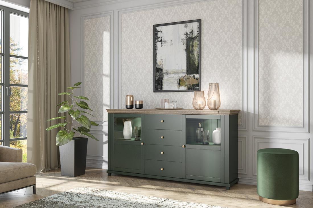 Credenza 2 ante e 4 cassetti, finitura verde scuro e quercia