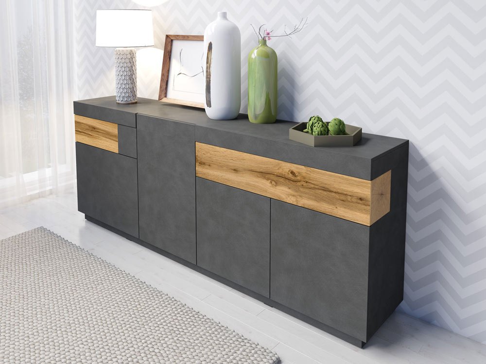 Credenza moderna antracite e rovere naturale, 4 ante e 2 cassetti 