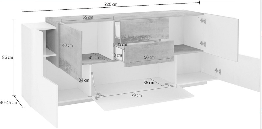 Madia moderna L.220, Bianca e Pero con ante e cassetti