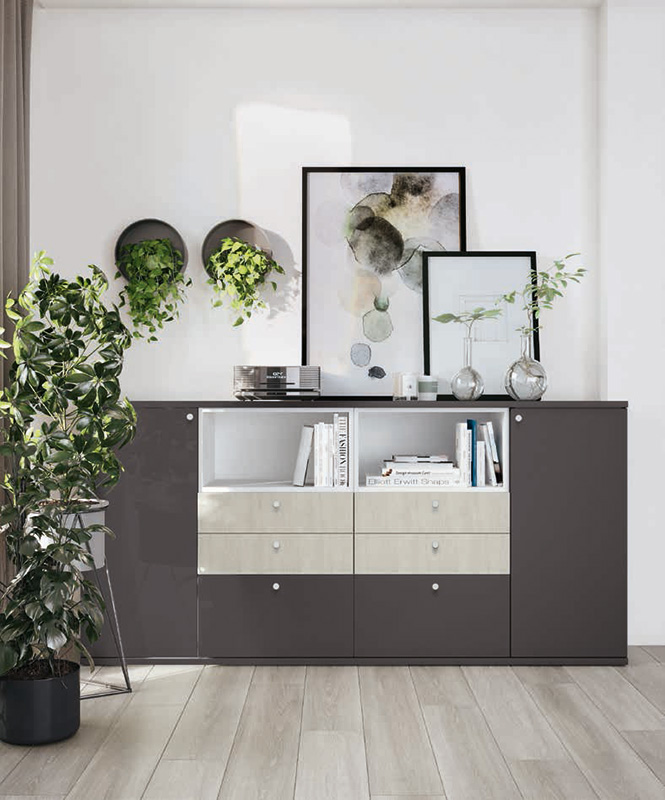 Madia 6 cassetti e 2 ante, finitura Grigio titanio e Rovere cognac