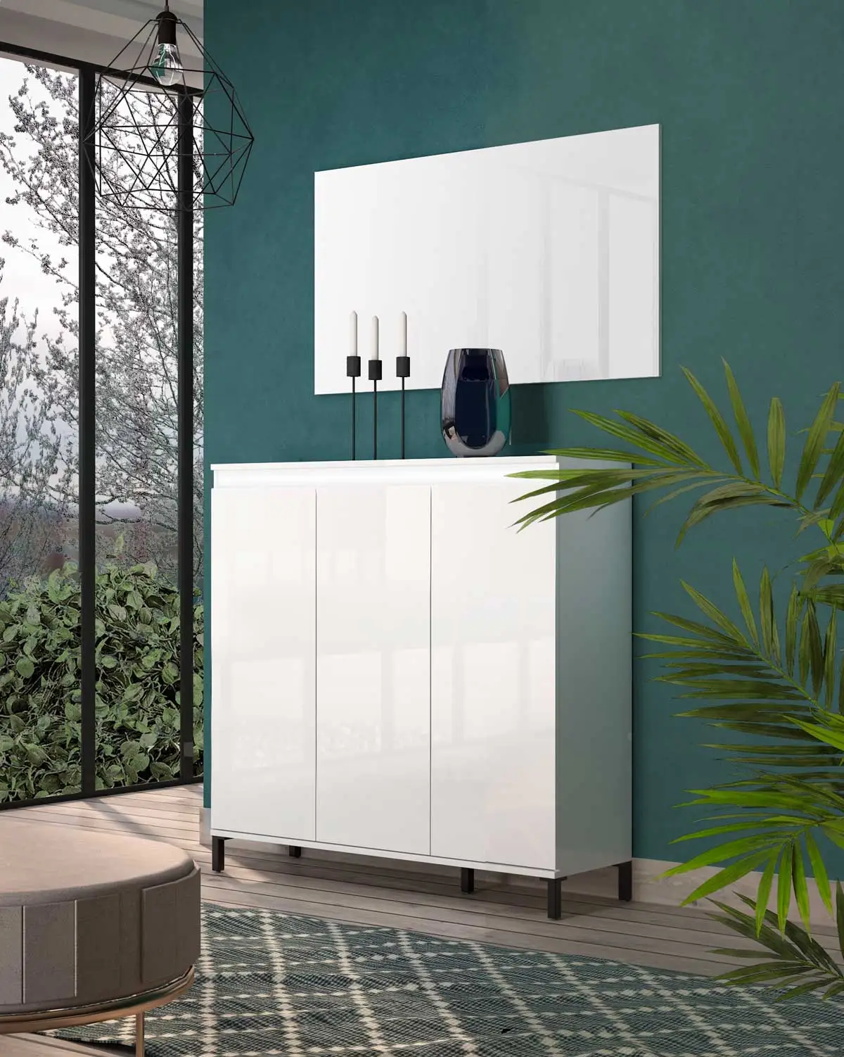 Economica Madia alta 3 ante colore Bianco Lucido, Made in italy