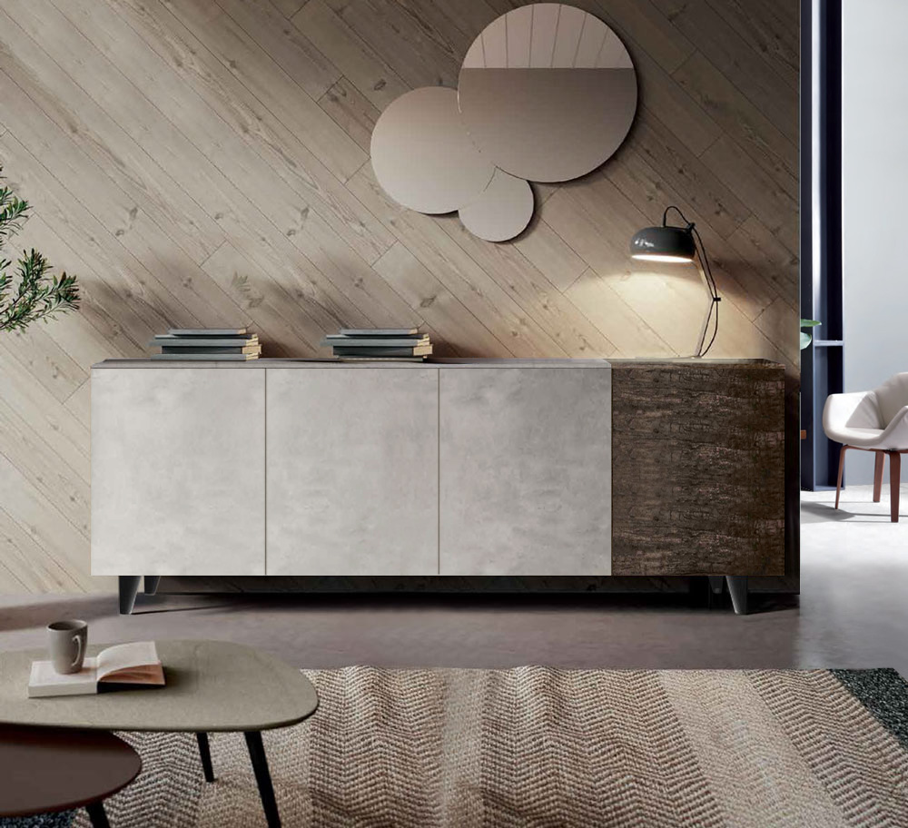 Madia 4 ante con apertura push pull, finitura Ardesia Cemento e Legno bruciato