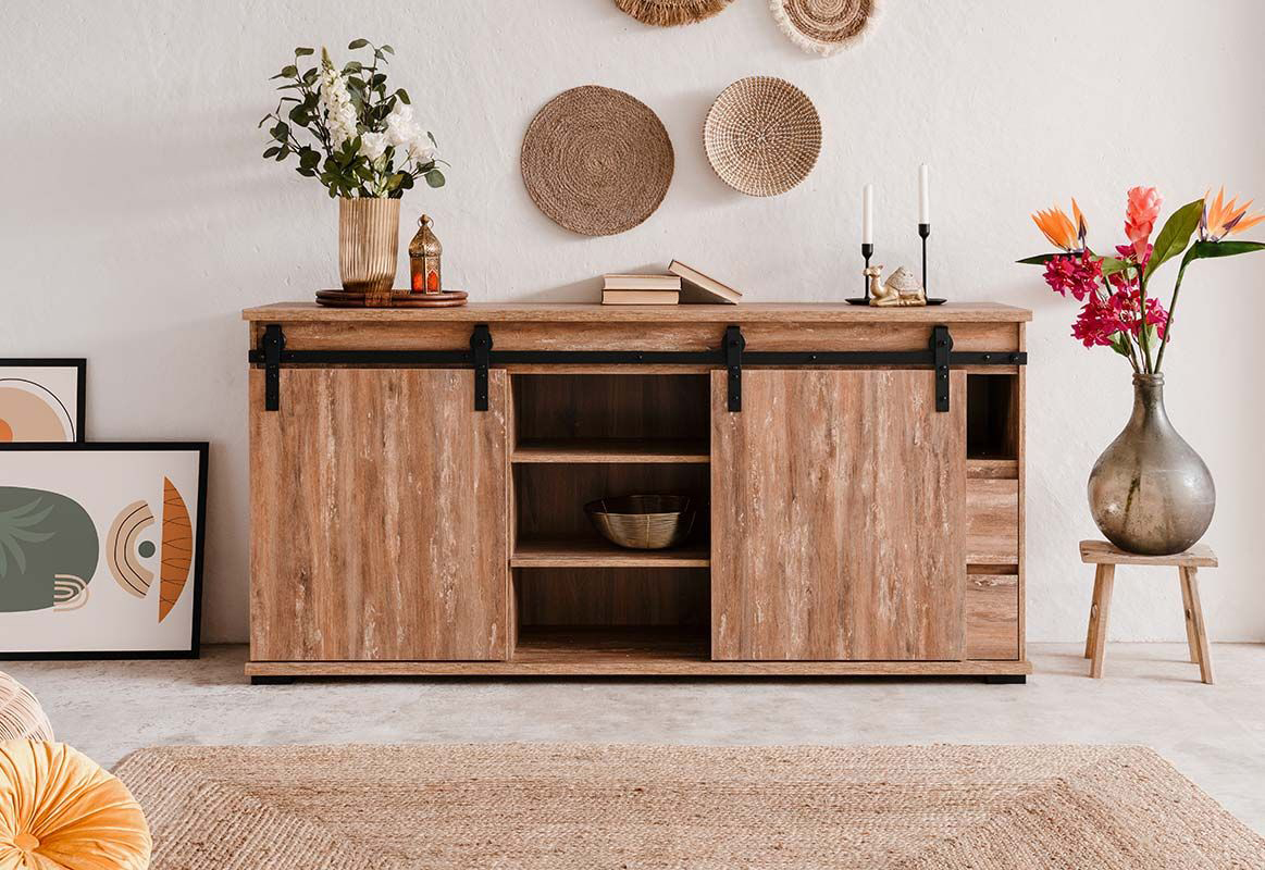 Madia Tromso con 2 ante e 2 cassetti in finitura Rovere anticato