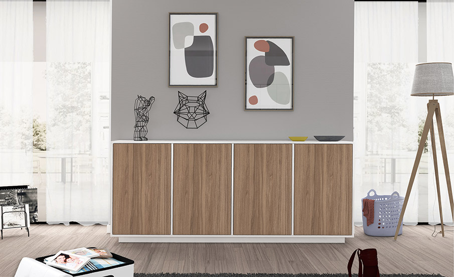 Zona giorno moderna composta da madia alta, porta TV e madia 4 ante 